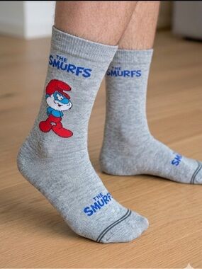 Papa Smurf  cartoon Crew Socks Men’s Shoe one Size grey novelty funny crazy